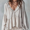 Blusa Feminina em Linho e Algodão com Babados – Decote em V e Modelagem Solta (Elegância Casual e Conforto)