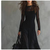 Vestido Maxi Elegante – Tule Mesh Translúcido com Camadas Fluídas (Sofisticação e Movimento)