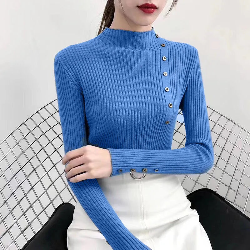 Suéter Feminino com Gola Alta e Botão