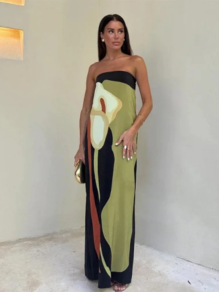 Vestido Longo Estampado Sem Alças