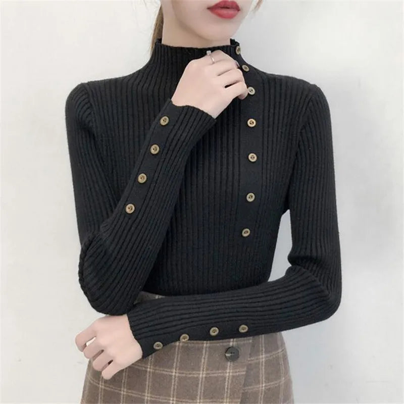 Suéter Feminino com Gola Alta e Botão