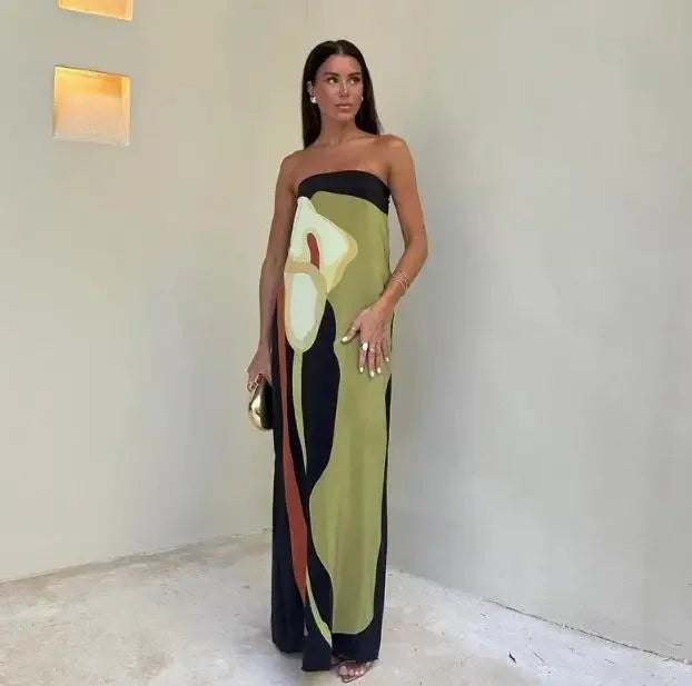 Vestido Longo Estampado Sem Alças