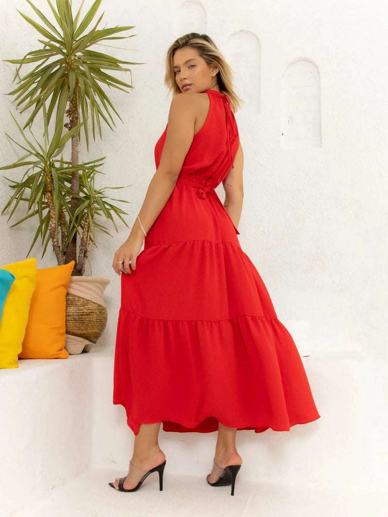 Vestido Feminino Longo com Amarração no Pescoço - Vennanci