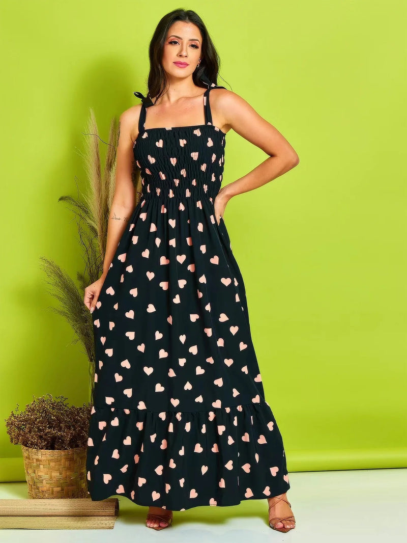 Vestido Feminino Longo de Alça com Estampa Coração - Vennanci