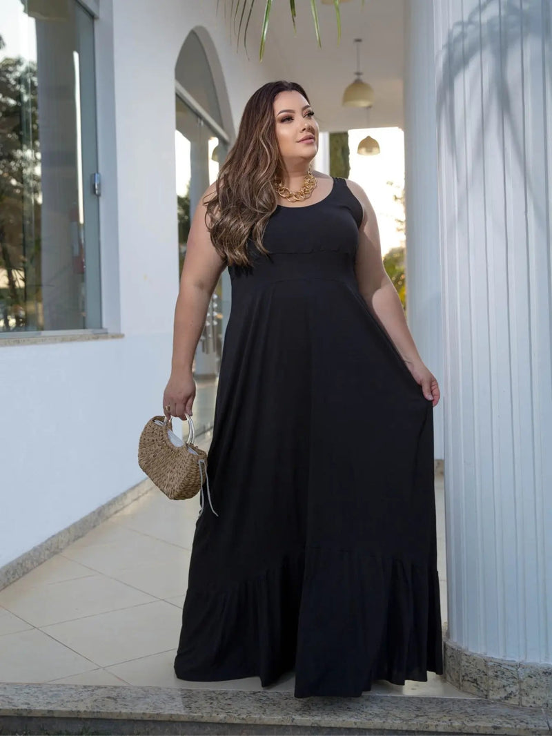 Vestido Feminino Plus Size Longo com Manga Regata - Vennanci