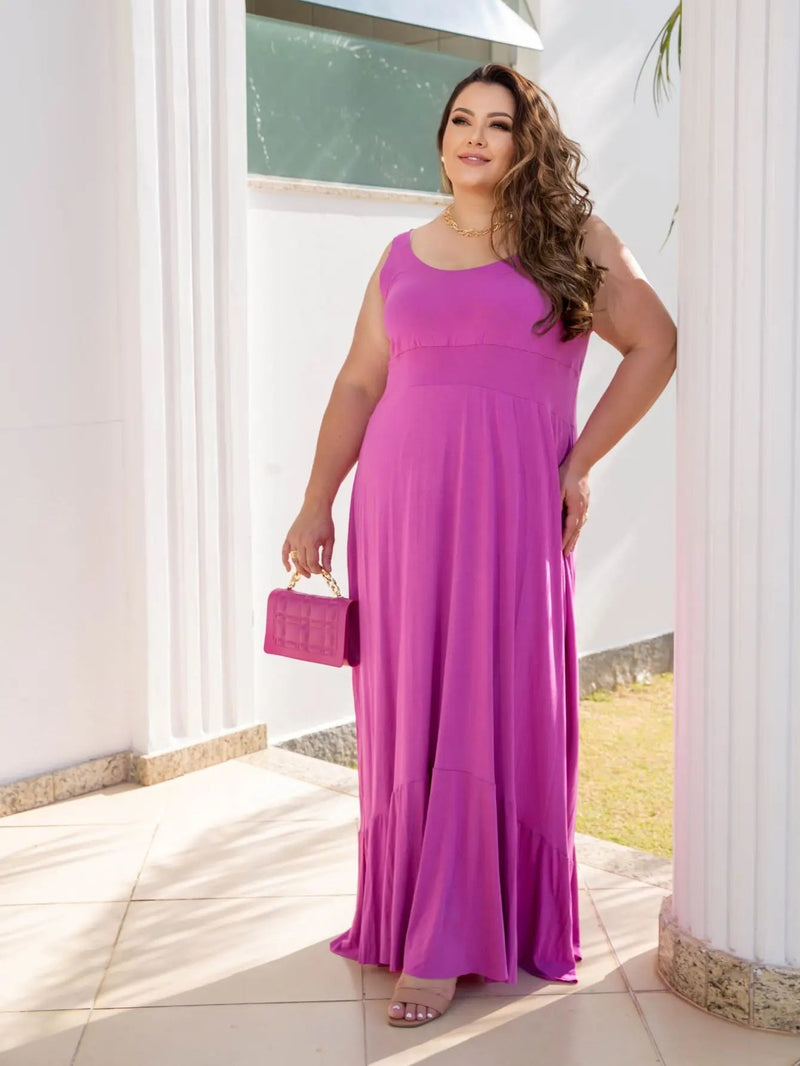 Vestido Feminino Plus Size Longo com Manga Regata - Vennanci