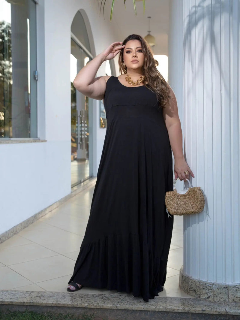 Vestido Feminino Plus Size Longo com Manga Regata - Vennanci