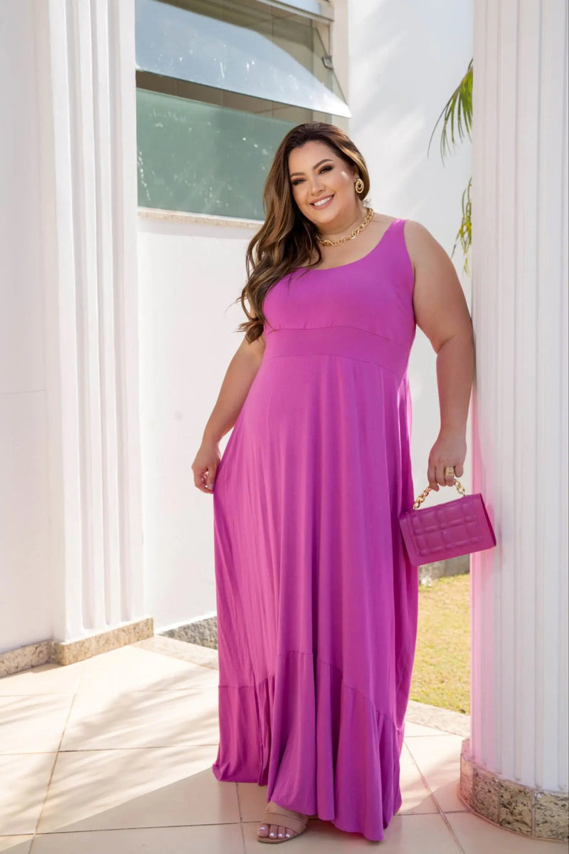 Vestido Feminino Plus Size Longo com Manga Regata - Vennanci