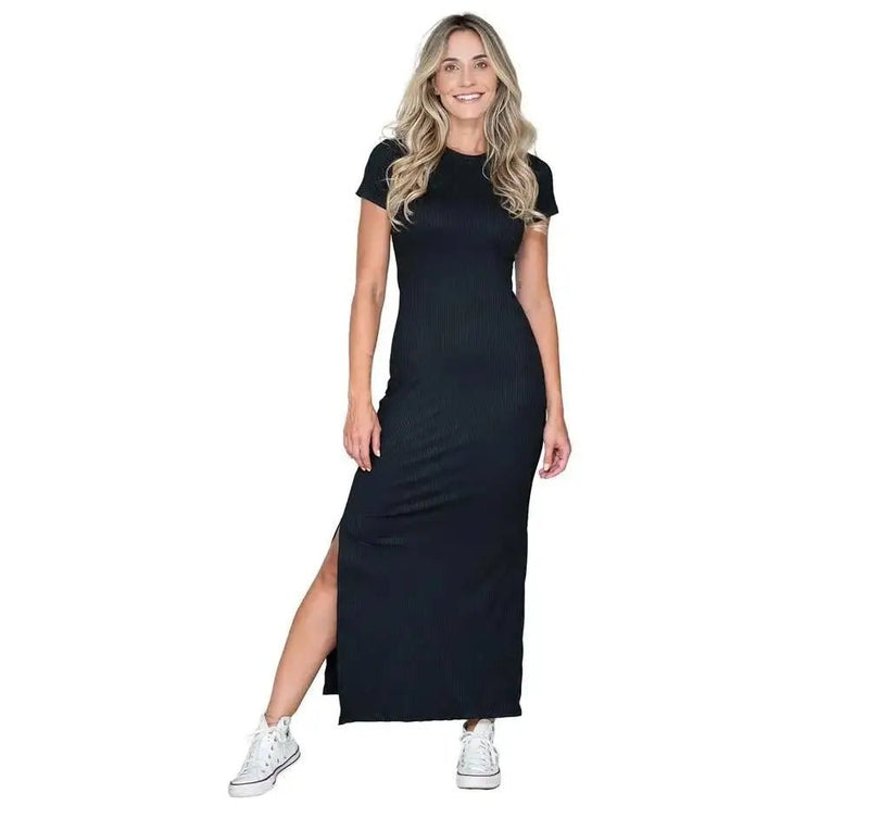 Vestido Longo Feminino Manga Curta com Fenda na Lateral - Vennanci