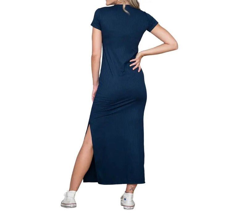 Vestido Longo Feminino Manga Curta com Fenda na Lateral - Vennanci