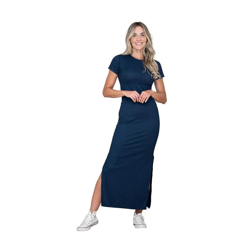 Vestido Longo Feminino Manga Curta com Fenda na Lateral - Vennanci