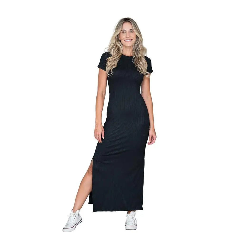 Vestido Longo Feminino Manga Curta com Fenda na Lateral - Vennanci